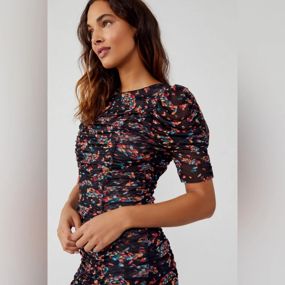 Free People briella twilight combo floral Black and Red Floral ruched mesh dress - Picture 4 of 11
